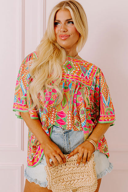 Chic green printed plus size blouse with wide sleeves