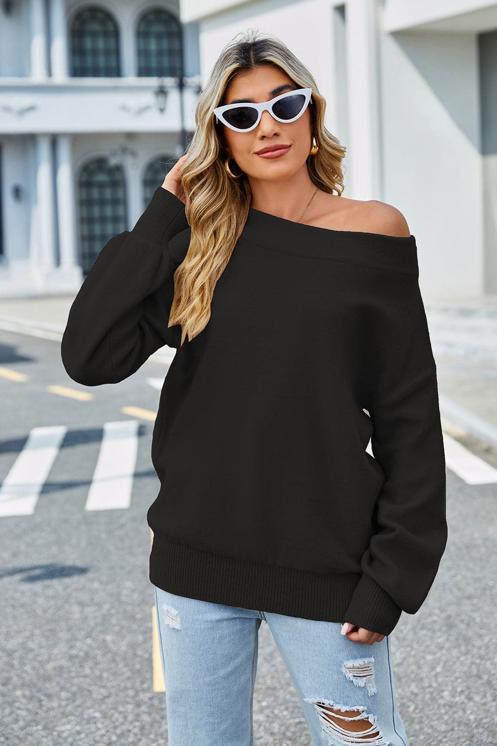 Long Sleeve Ribbed Trim Sweater.