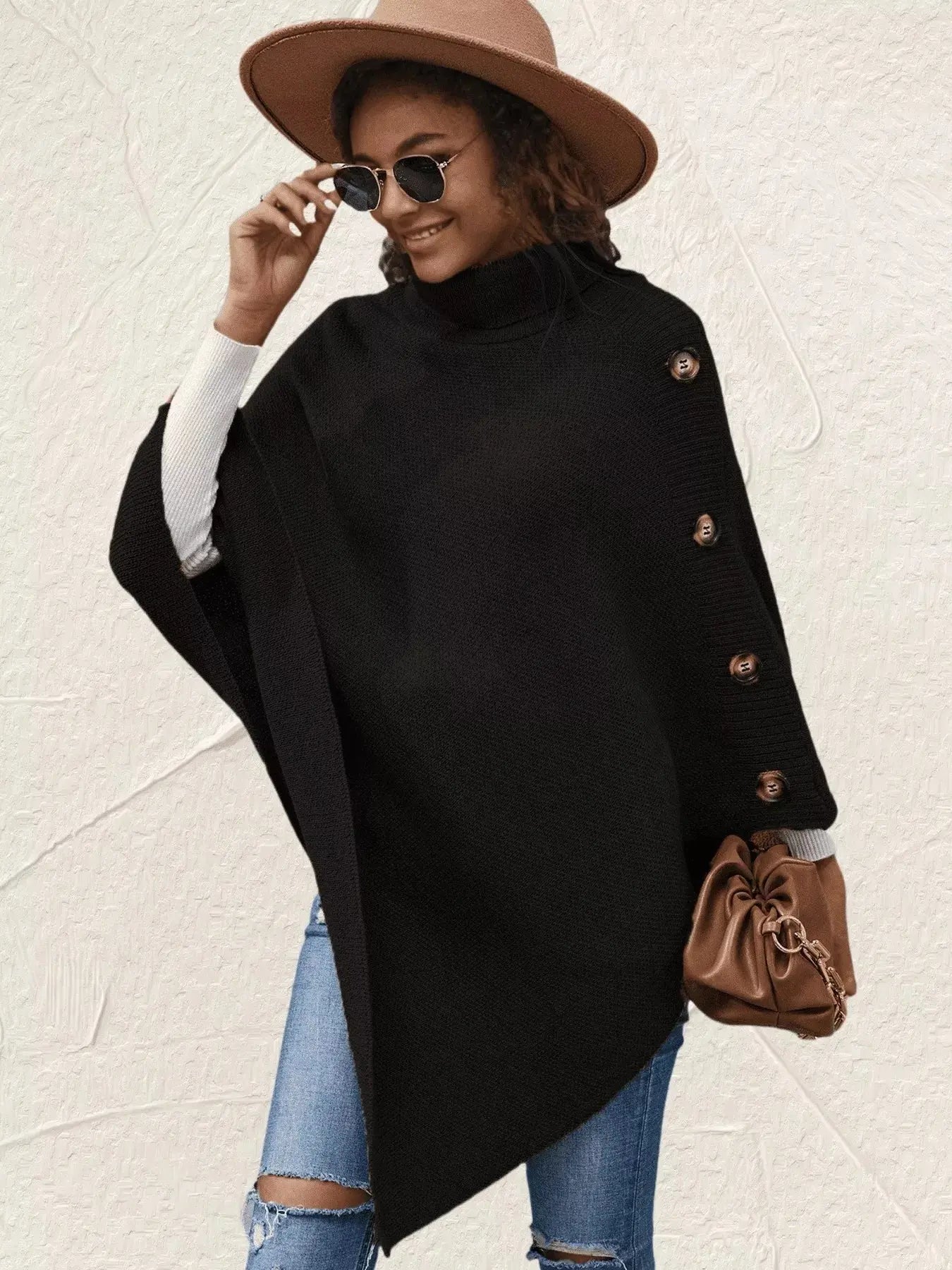 Button-Decor Turtleneck Poncho Pullover Simply Love