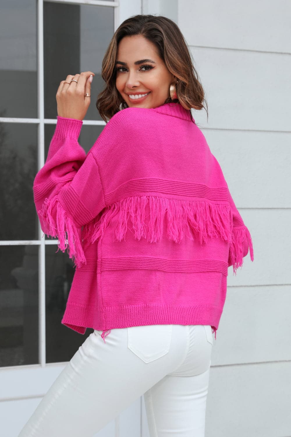 Fringe Trim Open Front Cardigan.