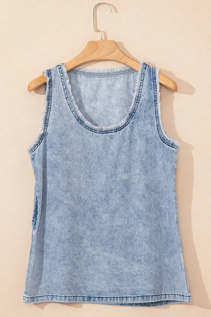 Mineral Wash Denim Frayed U Neck Sleeveless Top