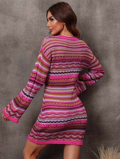 Multicolored Stripe Dropped Shoulder Sweater Dress.