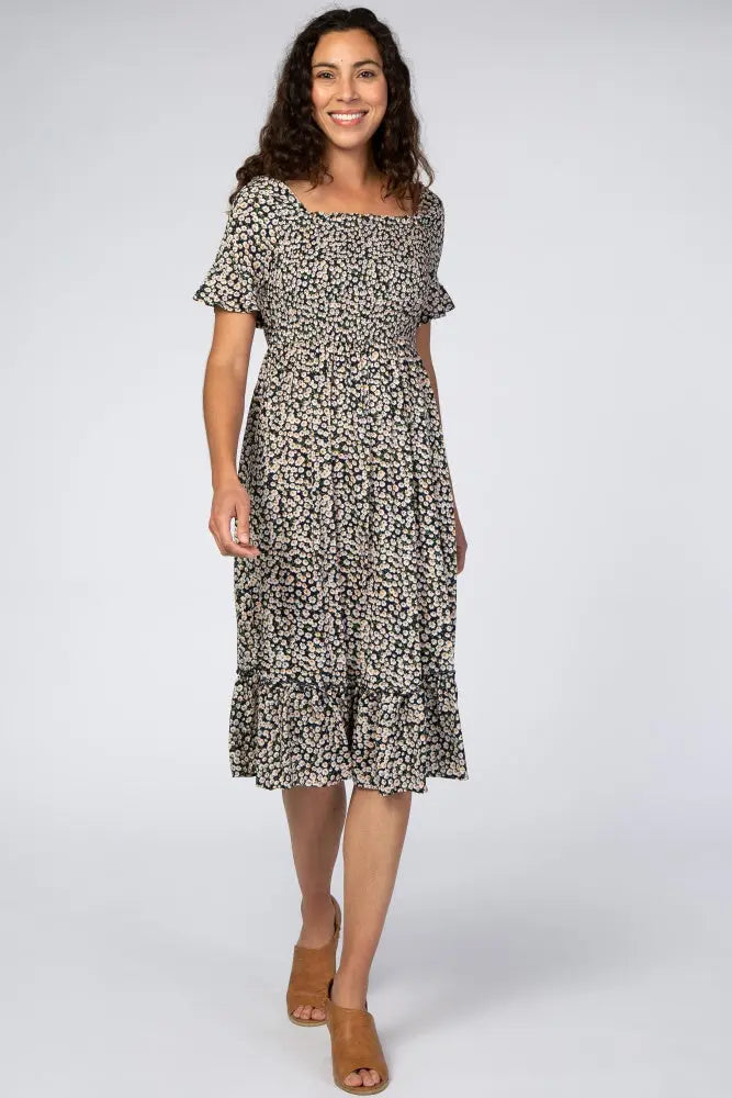 Navy Floral Maternity Midi Dress With Smocked Bust And Ruffle Sleeves PinkBlush