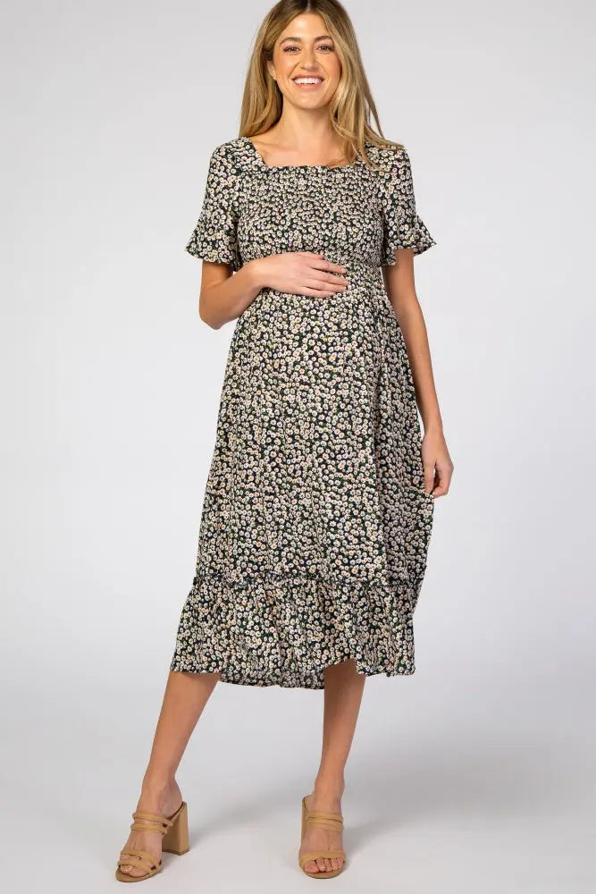 Navy Floral Maternity Midi Dress With Smocked Bust And Ruffle Sleeves PinkBlush