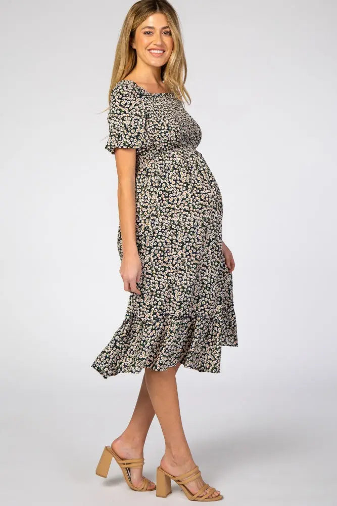 Navy Floral Maternity Midi Dress With Smocked Bust And Ruffle Sleeves PinkBlush