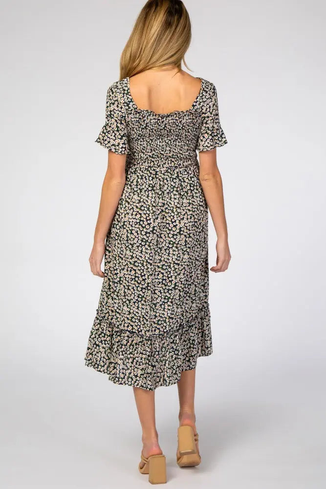 Navy Floral Maternity Midi Dress With Smocked Bust And Ruffle Sleeves PinkBlush