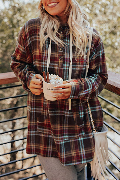 Chic fiery red plaid plus size hoodie with kangaroo pocket