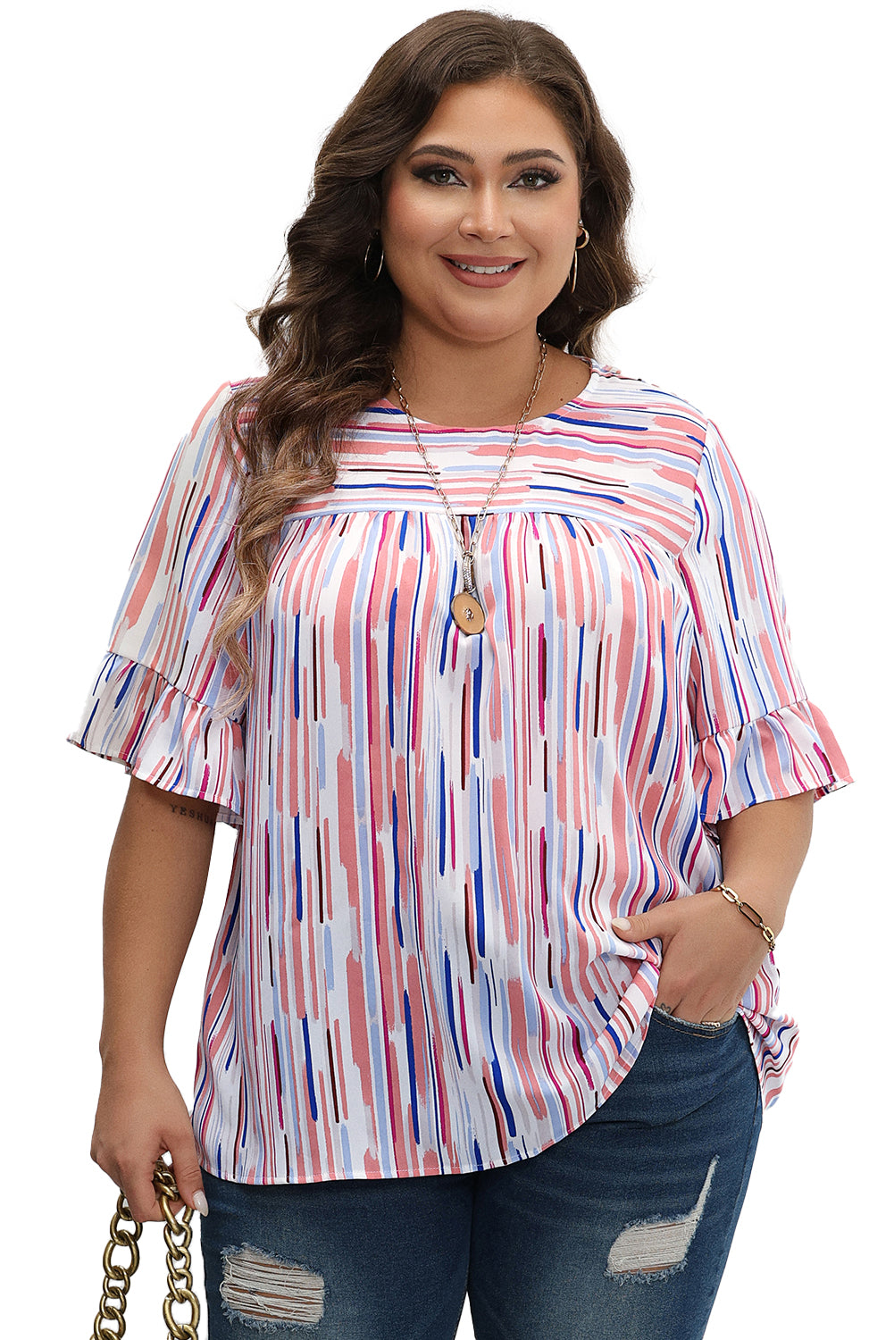 Chic ruffled short sleeve blouse with white stripes in plus sizes