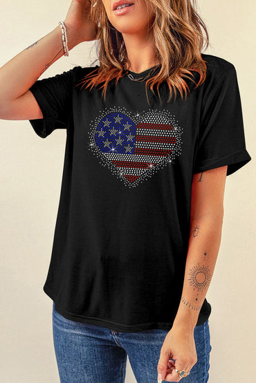 Rhinestone Heart Round Neck Short Sleeve T-Shirt.