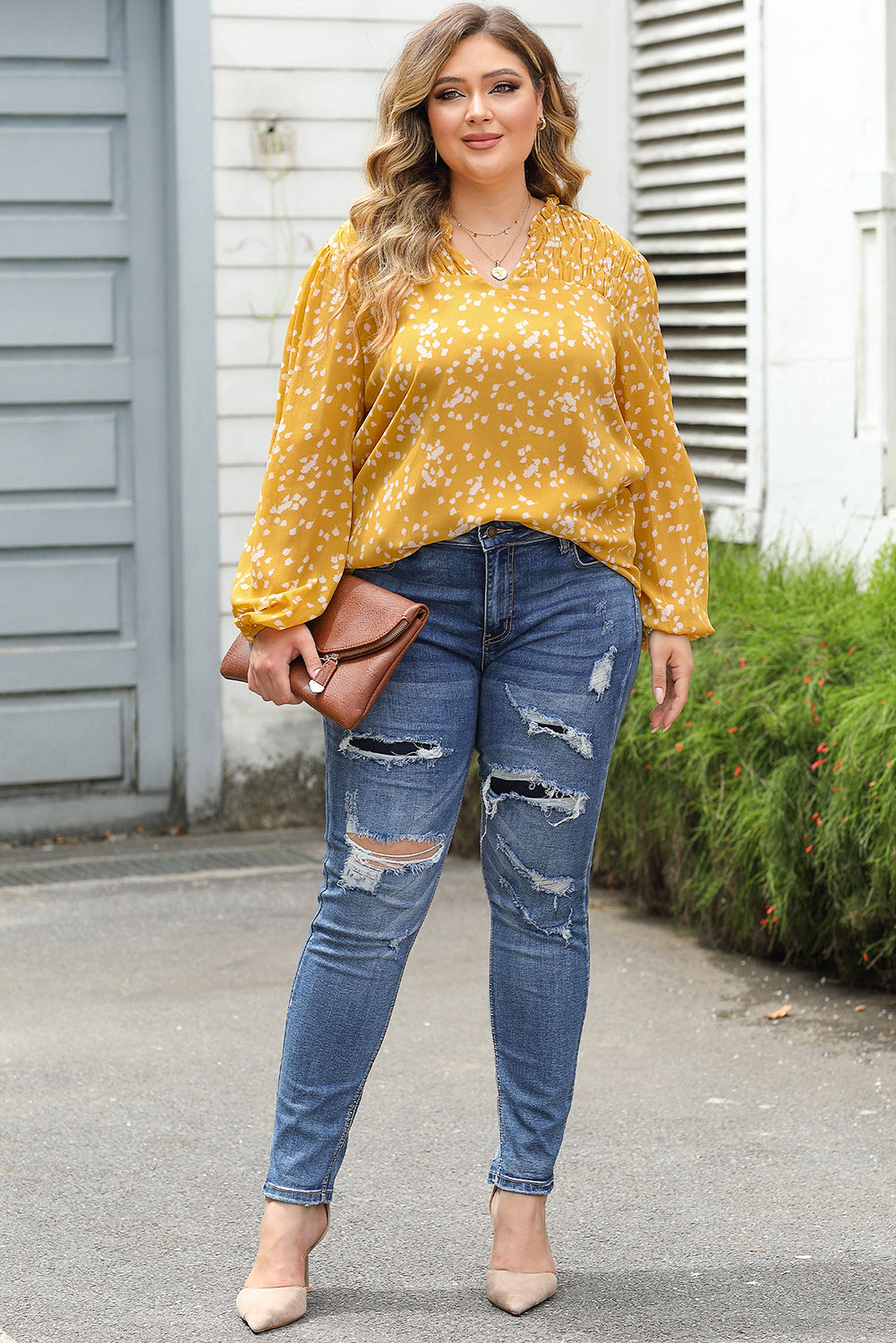 Floral elegance: Yellow plus size blouse with ruched details