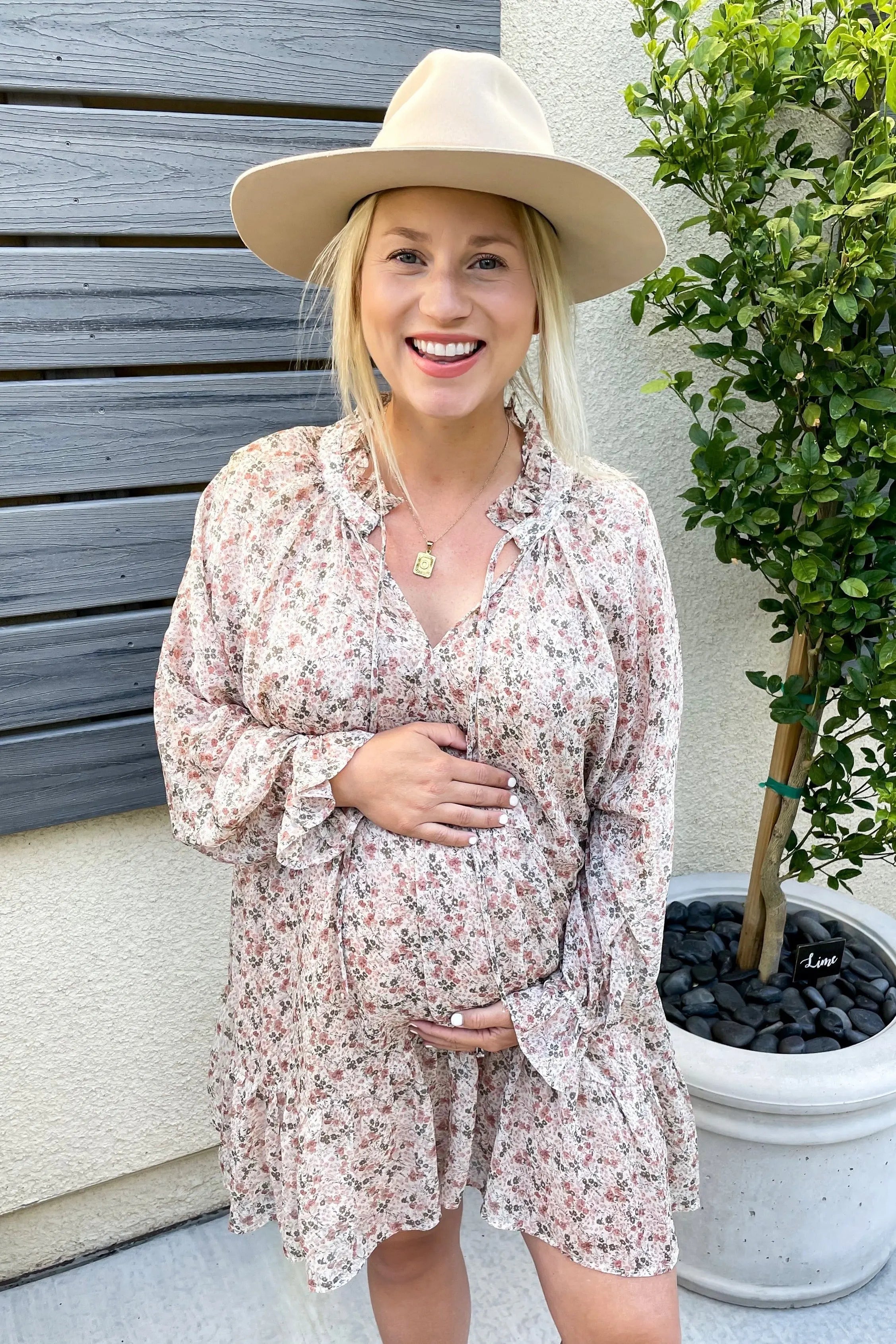 Cream Floral Chiffon Ruffle Hem Maternity Dress PinkBlush