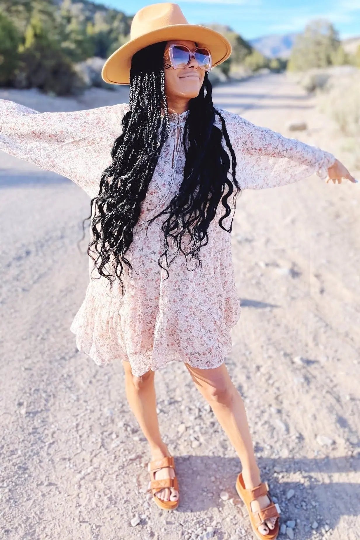 Cream Floral Chiffon Long Sleeve Ruffle Hem Midi Dress PinkBlush