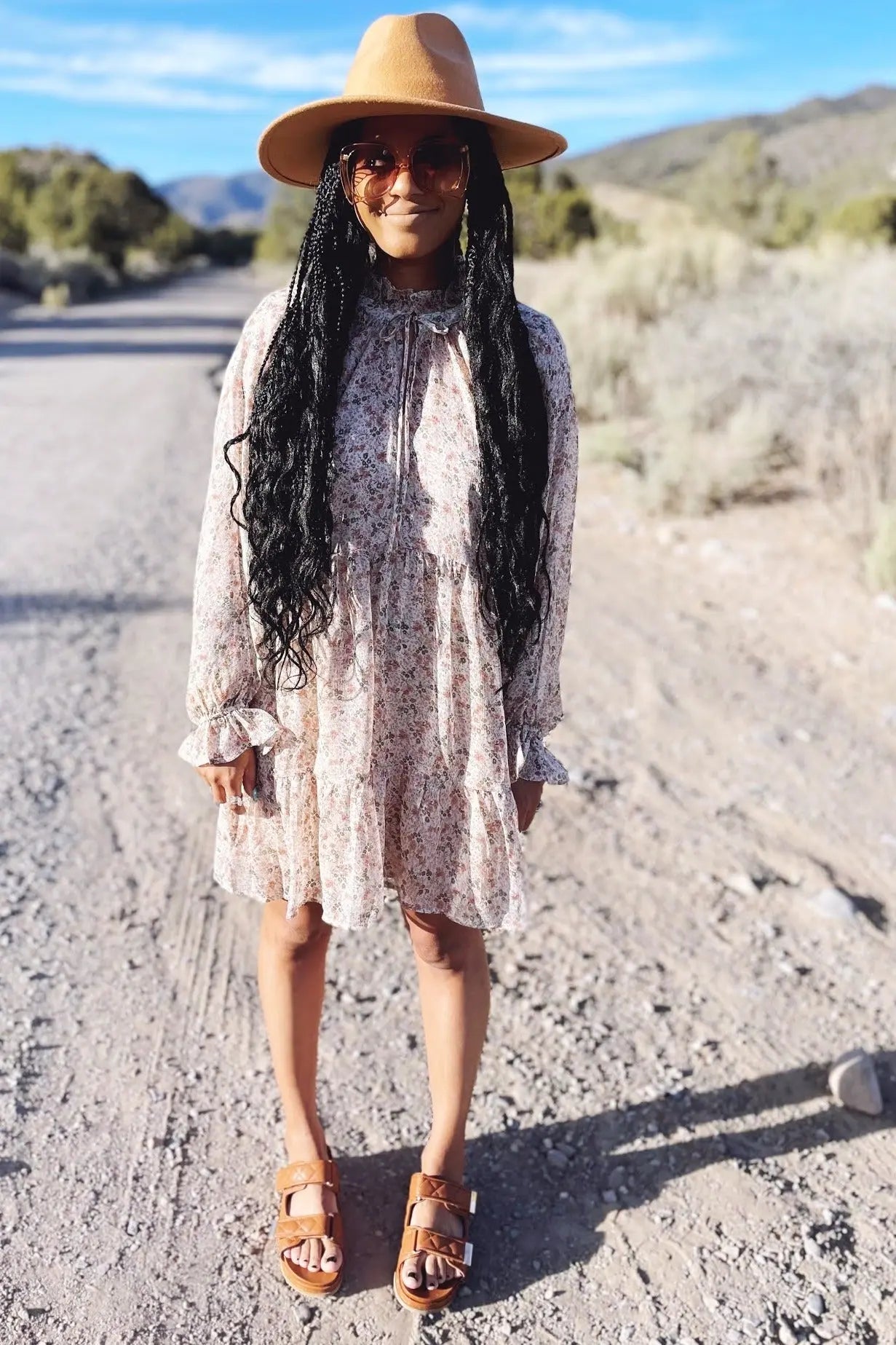 Cream Floral Chiffon Long Sleeve Ruffle Hem Midi Dress PinkBlush