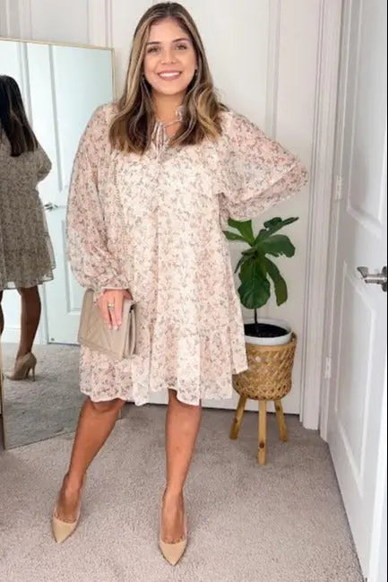 Cream Floral Chiffon Long Sleeve Ruffle Hem Midi Dress PinkBlush