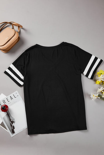 Chic black plus size V-neck tee with striped sleeves