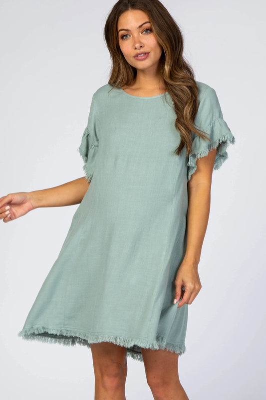 Mint Green Linen Maternity Dress With Frayed Trim And Back Keyhole PinkBlush