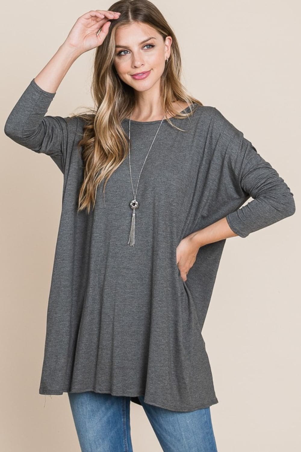 Chic oversized long sleeve top with round neck