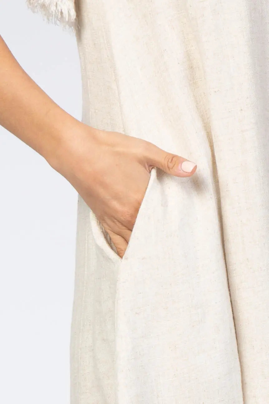 Cream Frayed Trim Back Keyhole Linen Dress PinkBlush