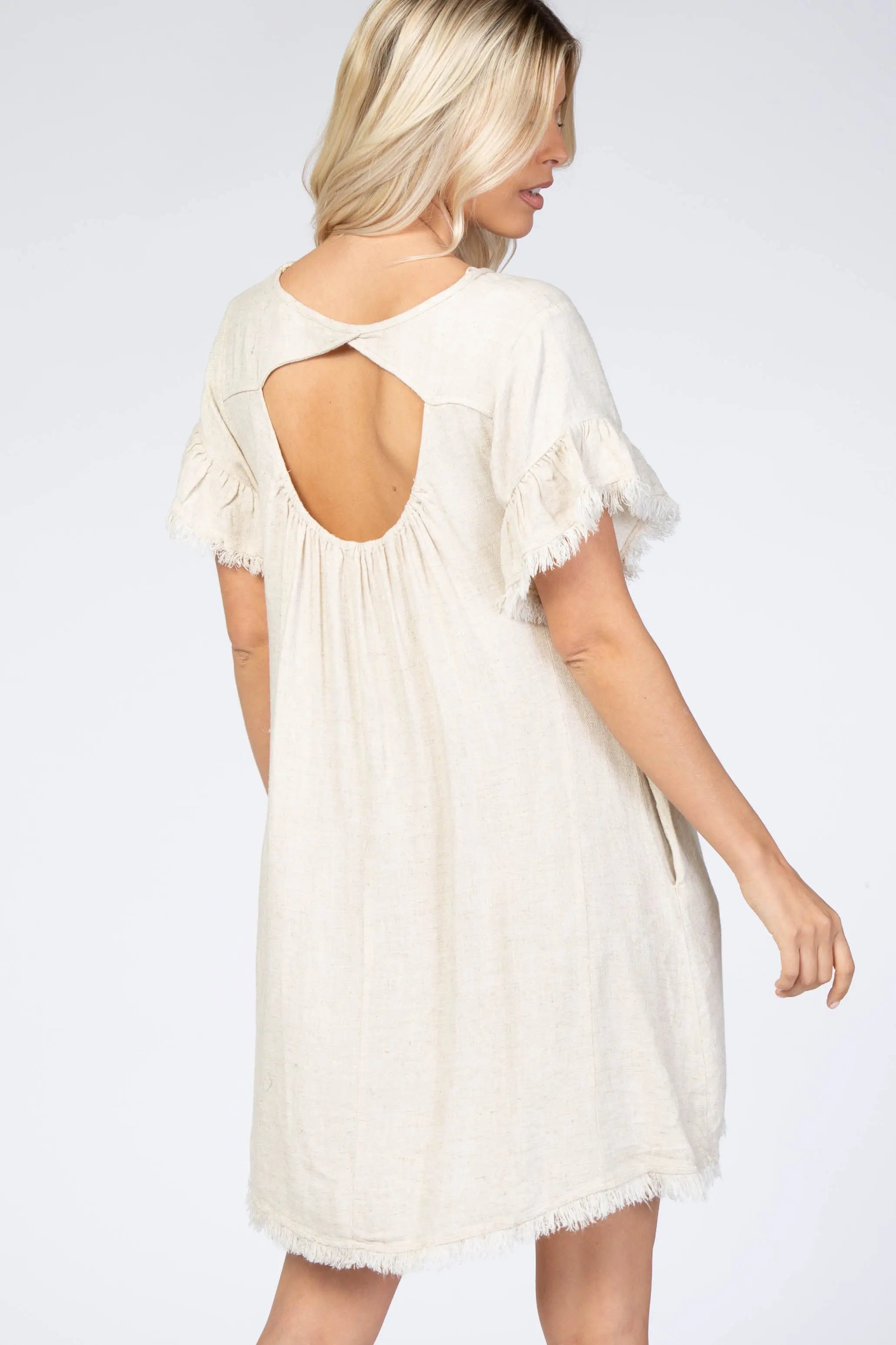 Cream Frayed Trim Back Keyhole Linen Dress PinkBlush