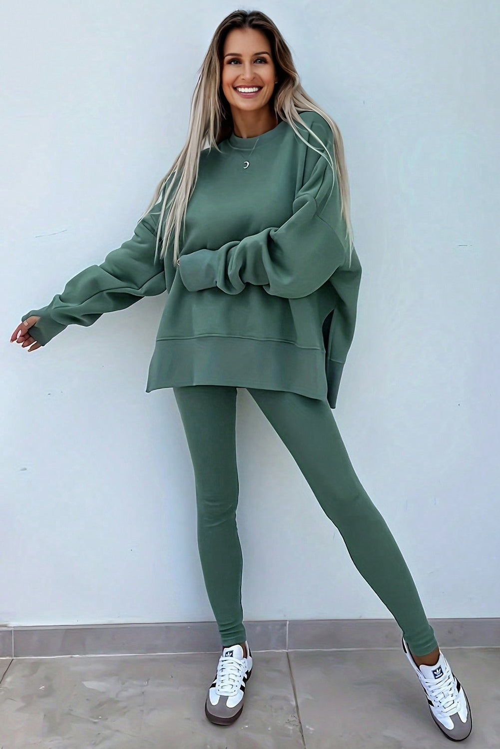 Green Bay Solid Color Oversized Slit Sweatshirt Leggings 2pc Dear-Lover Dropshipping