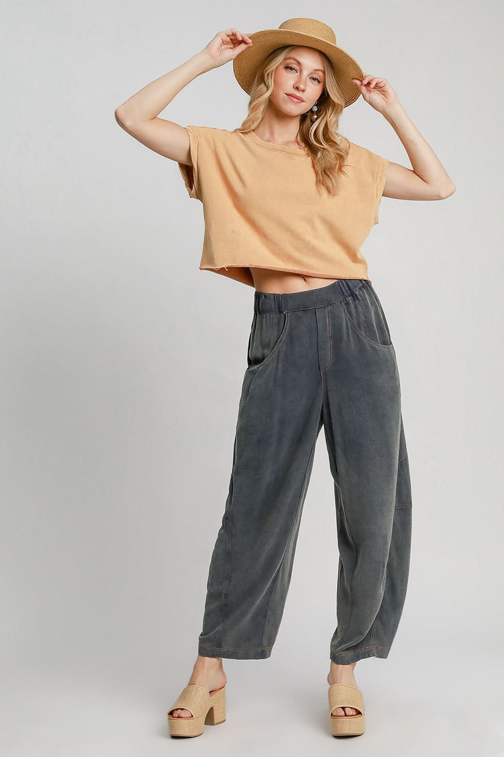 Umgee Relaxed Fit Pocketed Linen-Cotton Pants with Elastic Waistband