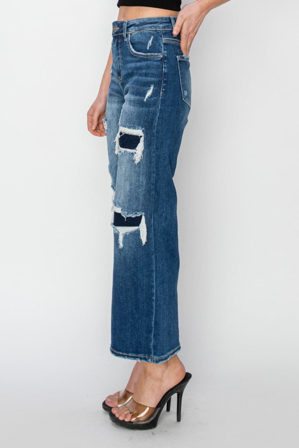 Risen Full Size High Rise Patch Detailed Wide Leg Crop Jeans.