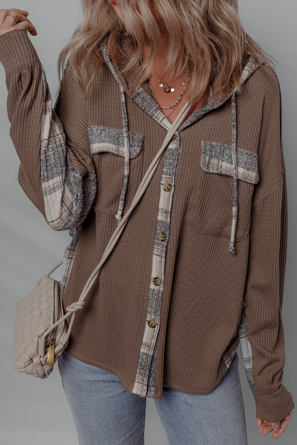 Brown Plaid Patchwork Hooded Shacket With Drawstring Button Down Cozy Winter Outerwear Dear-Lover Dropshipping