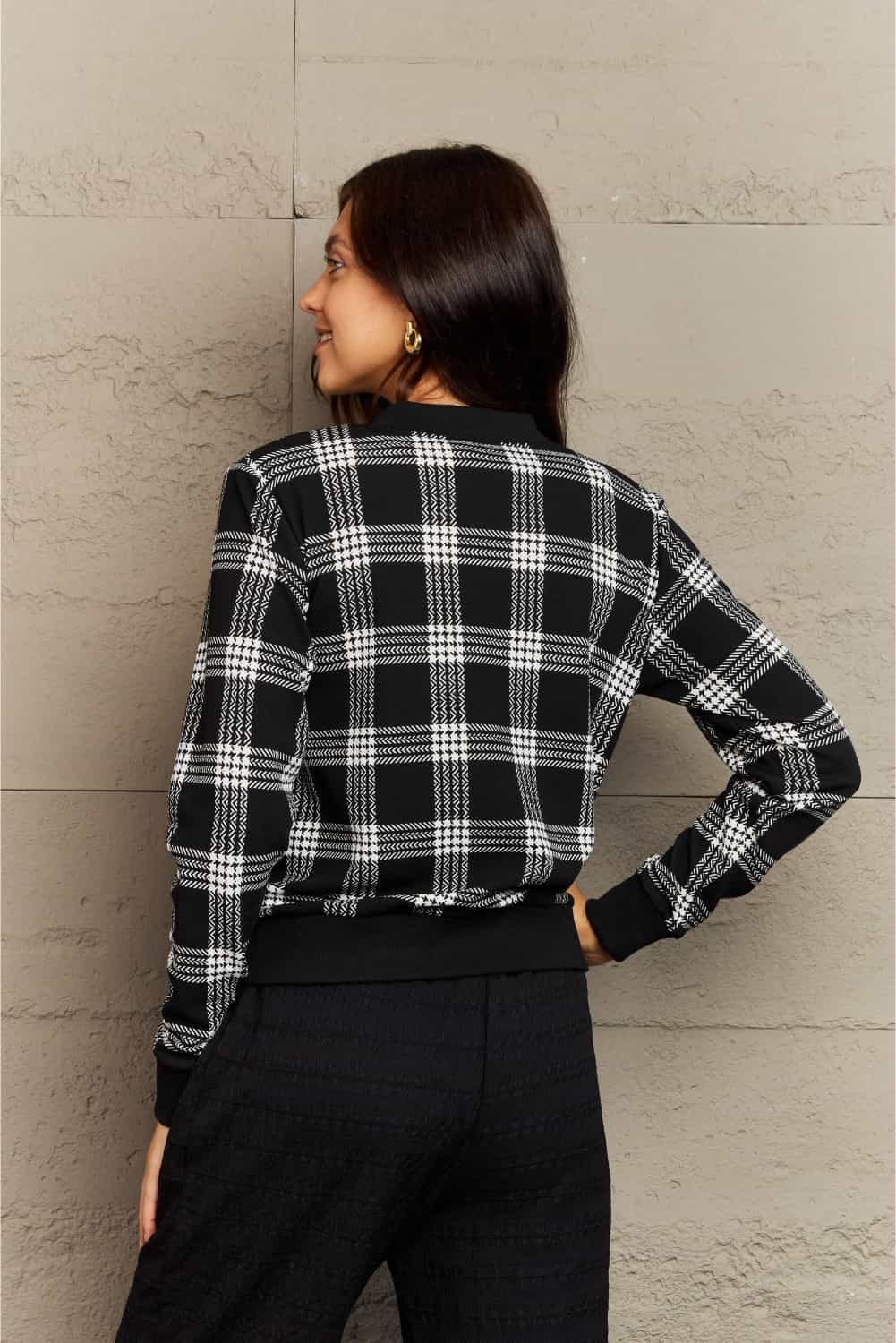 Ninexis Full Size Plaid Round Neck Long Sleeve Jacket.