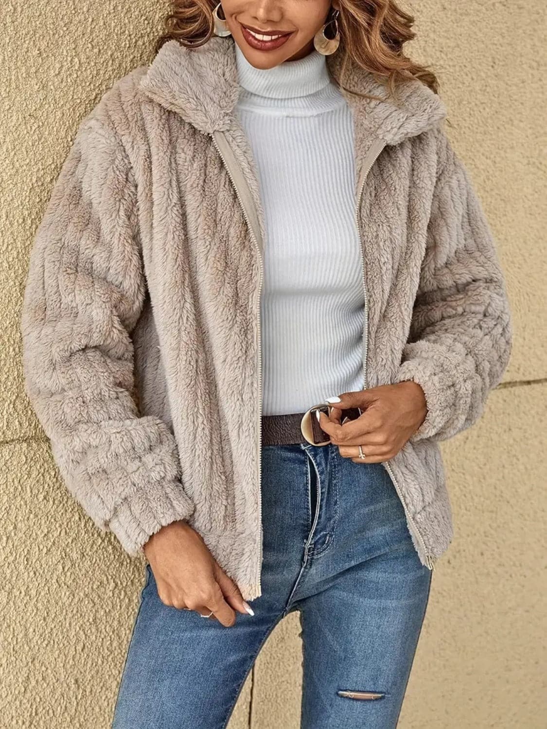 Plush Zip Up Long Sleeve Jacket.