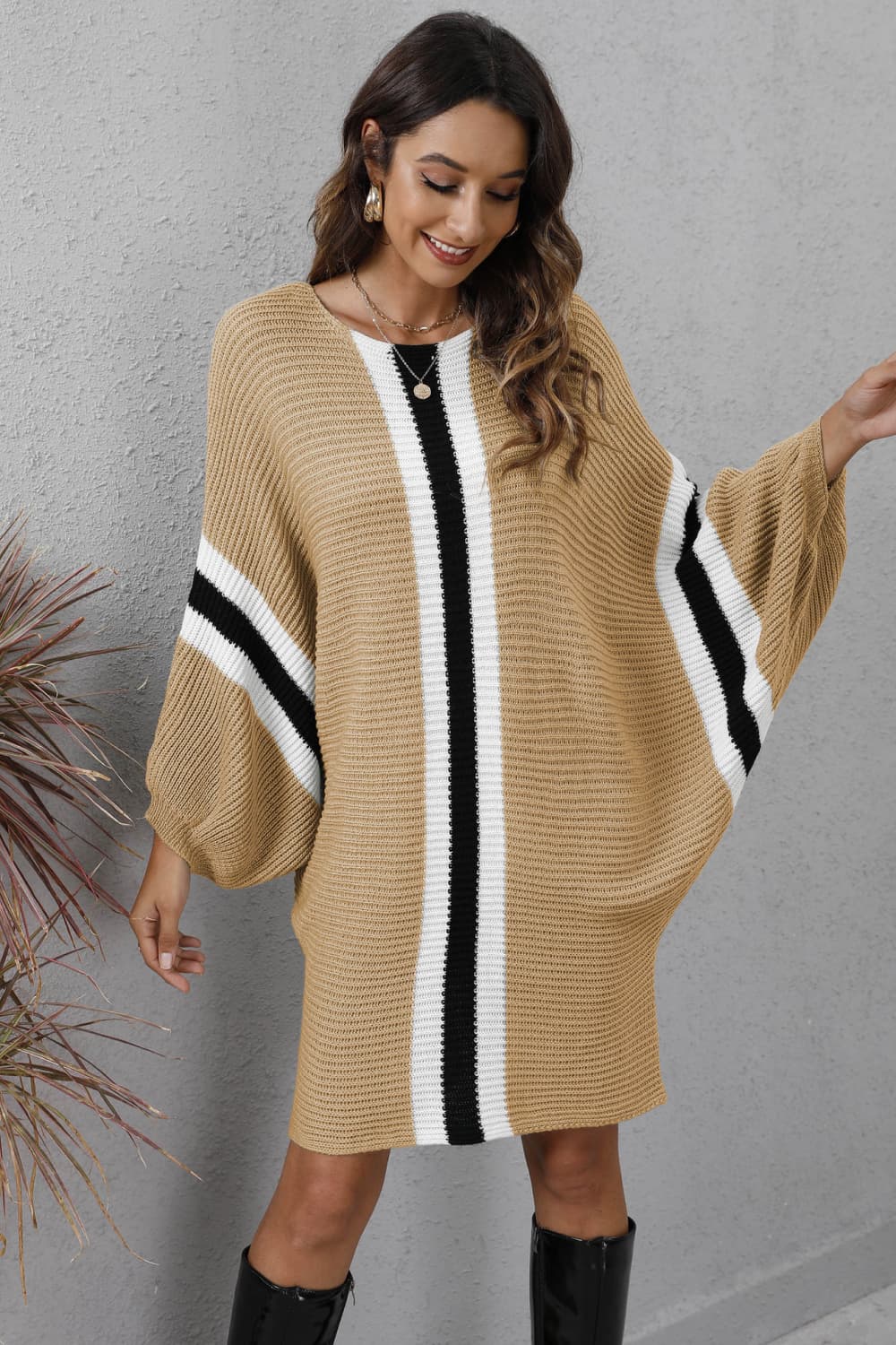 Ribbed Round Neck Long Sleeve Sweater Dress.