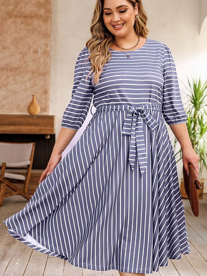 Plus Size Round Neck Striped Tie Waist Dress.