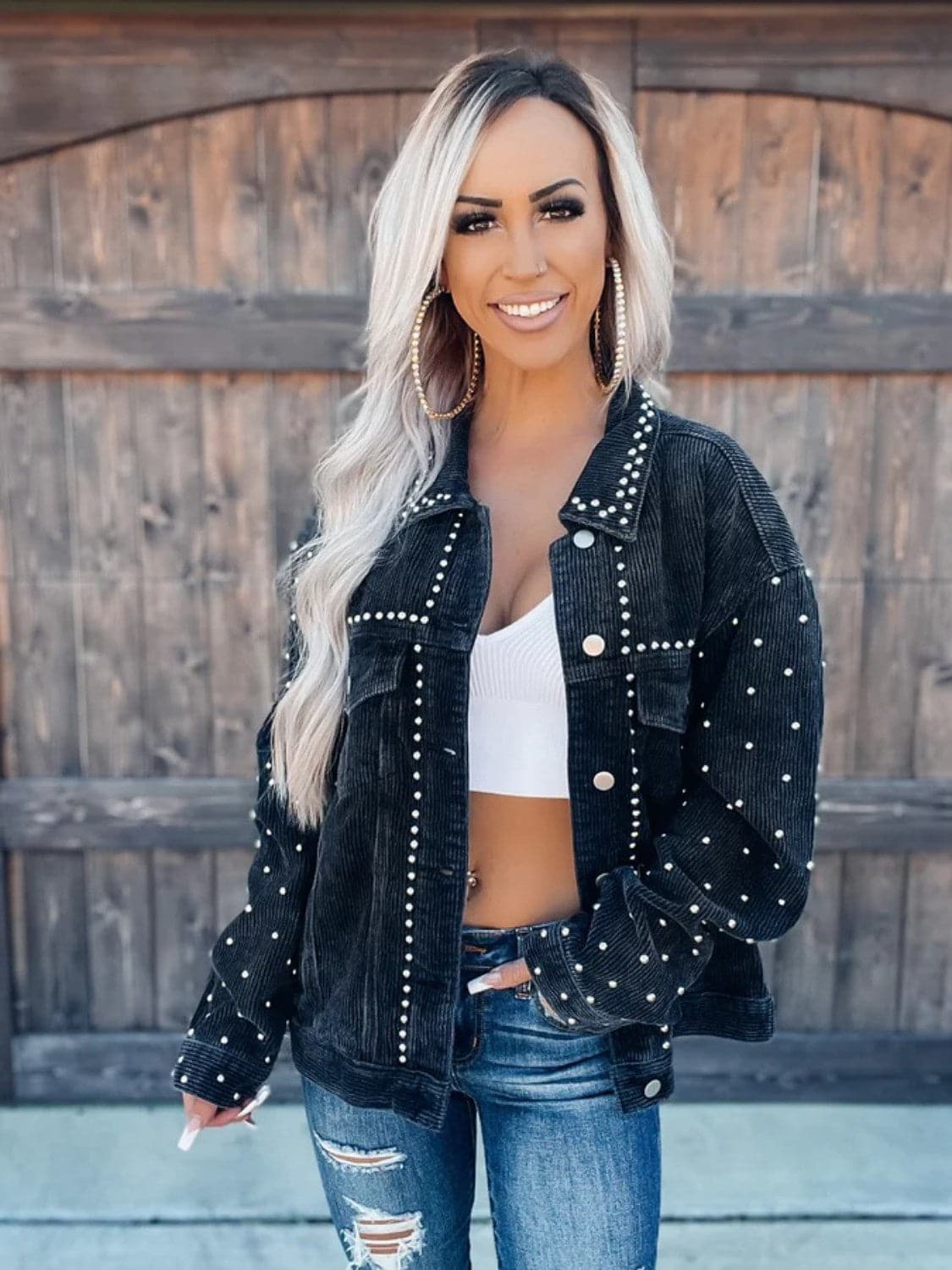 Studded Collared Neck Button Down Jacket.