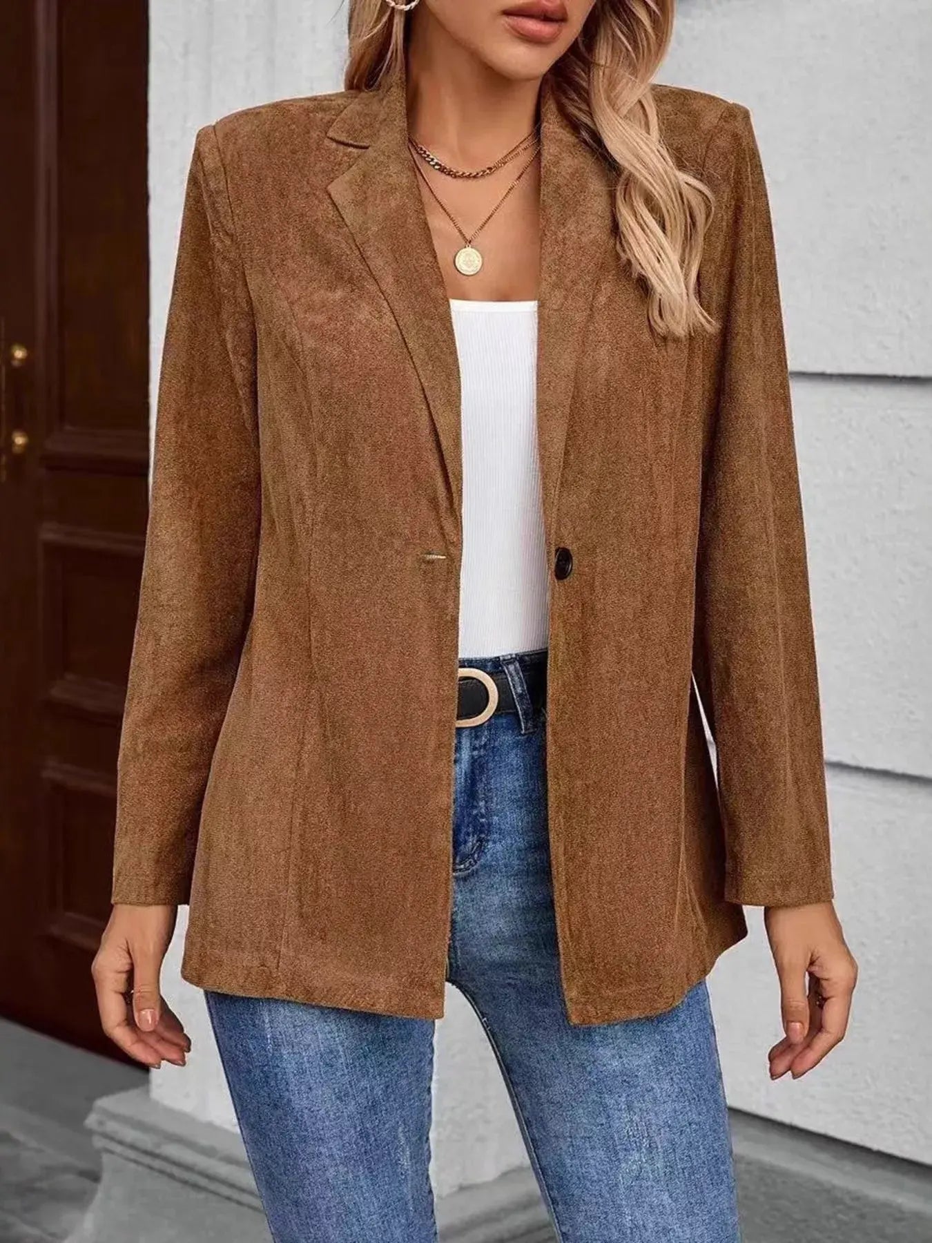 Lapel Collar Single-Button Blazer Simply Love