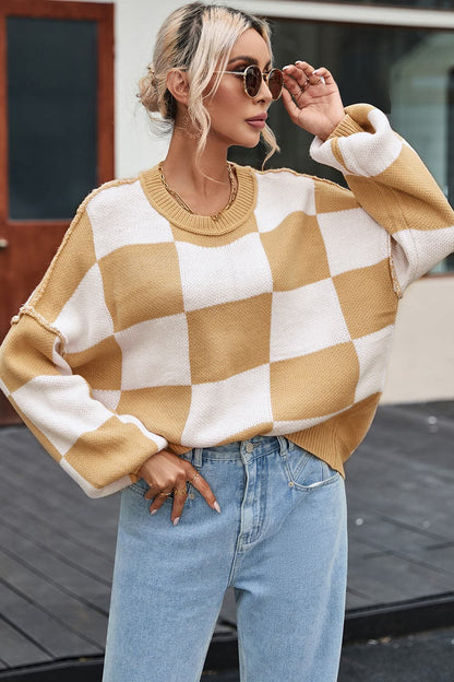 Checkered Exposed Seam Drooped Shoulder Sweater.