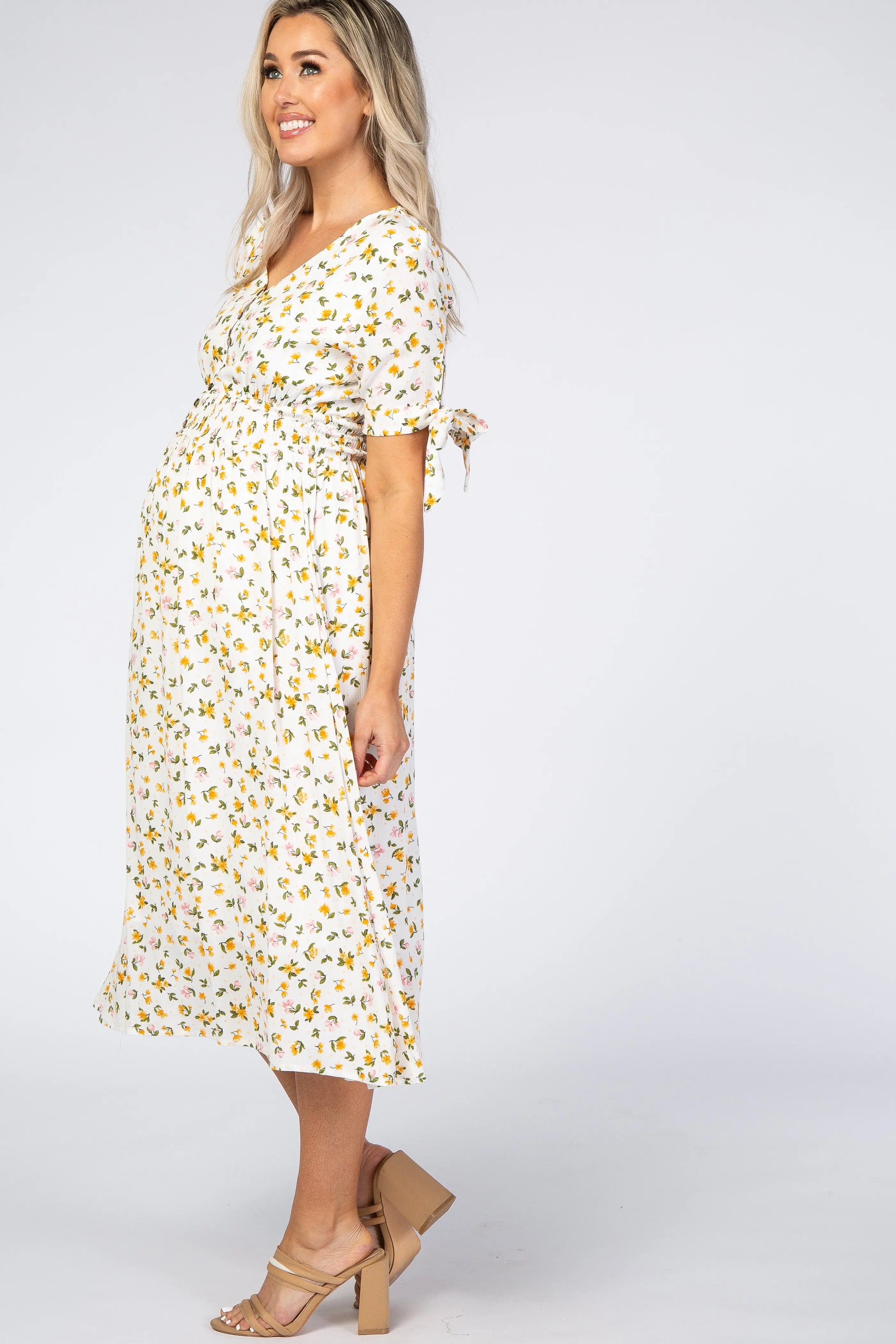 Ivory Floral Tie Sleeve Maternity Midi Dress PinkBlush