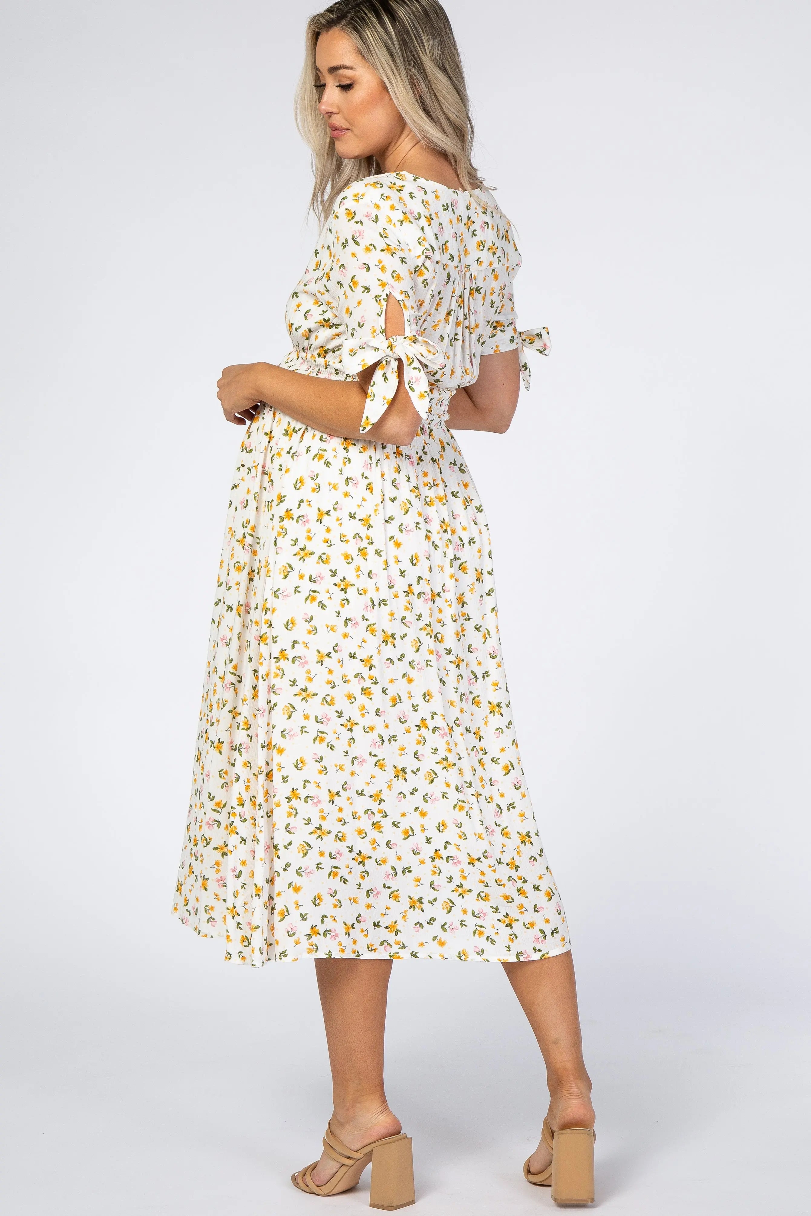Ivory Floral Tie Sleeve Maternity Midi Dress PinkBlush
