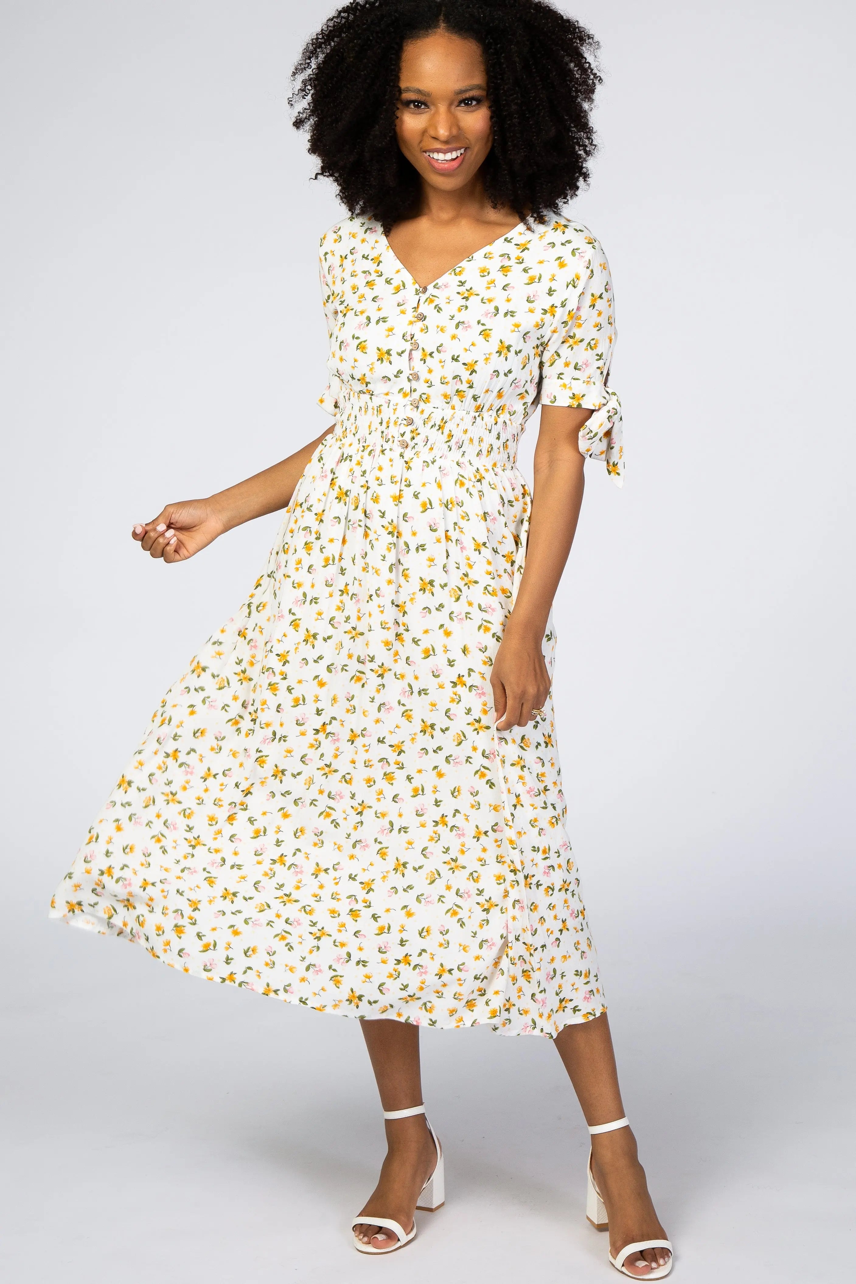 Ivory Floral Tie Sleeve Maternity Midi Dress PinkBlush