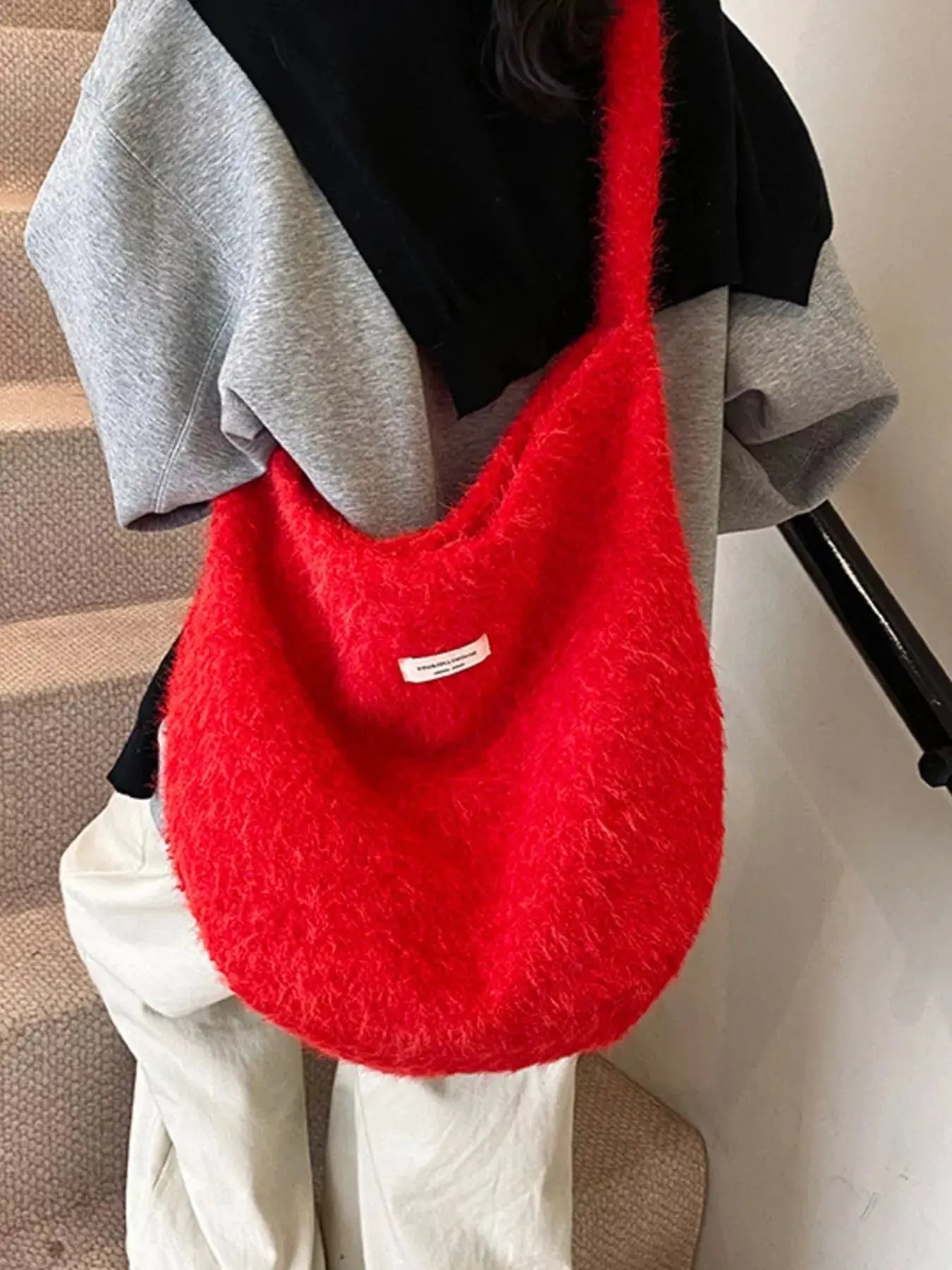 Red Plush Fuzzy Crossbody Bag Medium Size With Soft Cozy Texture Simply Love