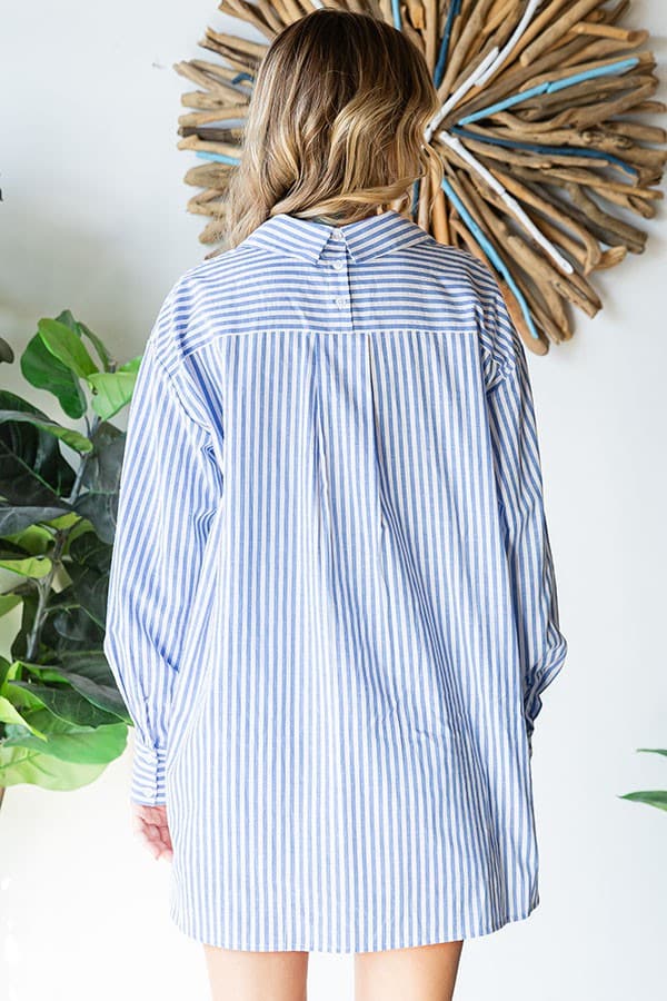 First Love Striped Button Down High-Low Hem Shirt.