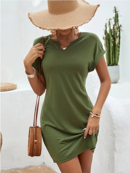 Notched Short Sleeve Mini Tee Dress.