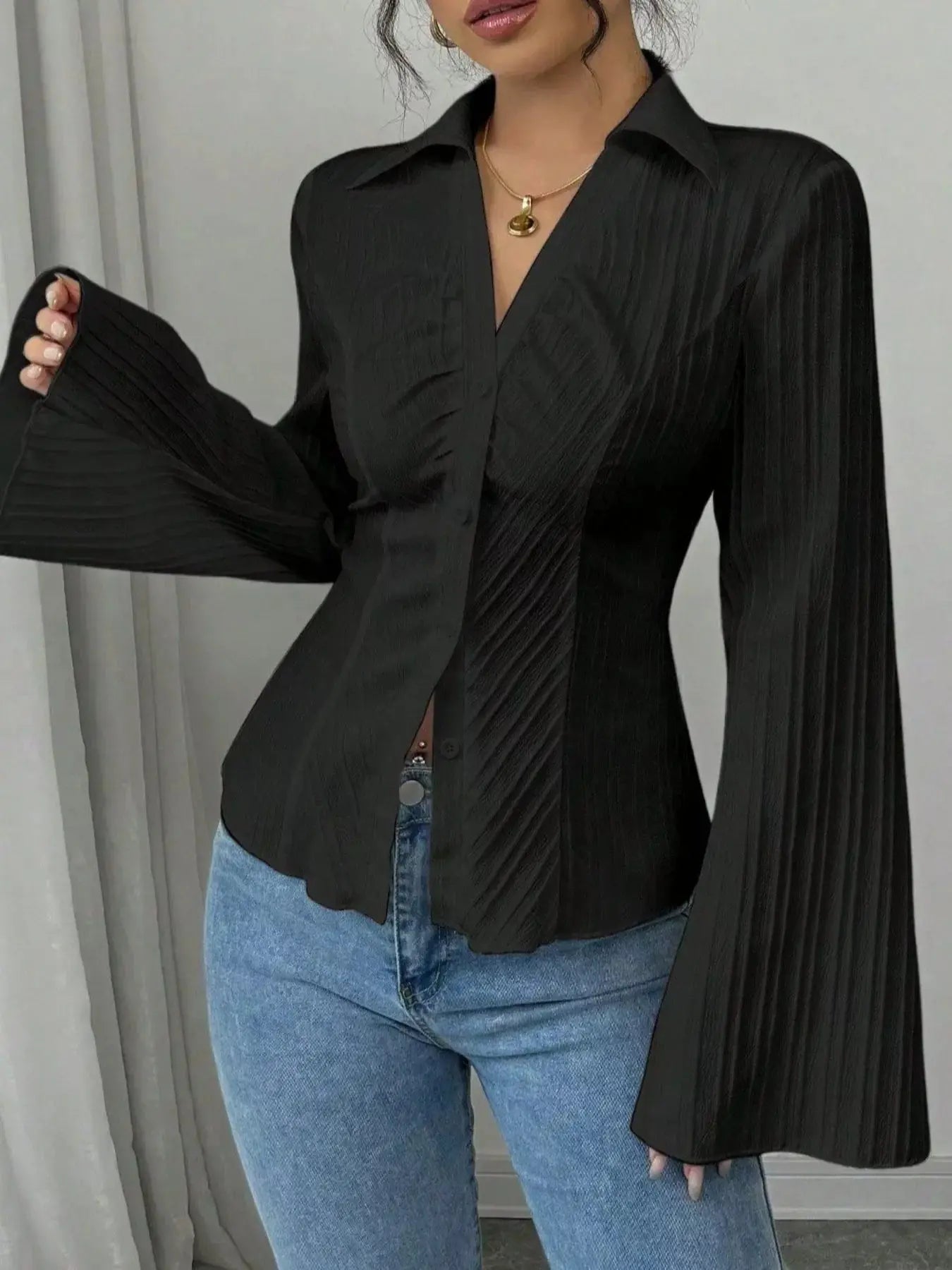 Flare Sleeve Button Up Shirt Simply Love