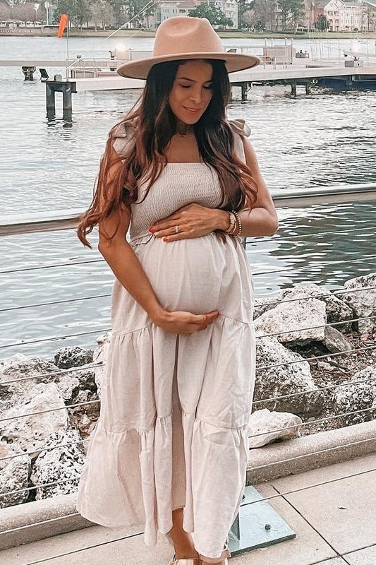 Beige Bow Strap Tiered Maternity Midi Dress PinkBlush