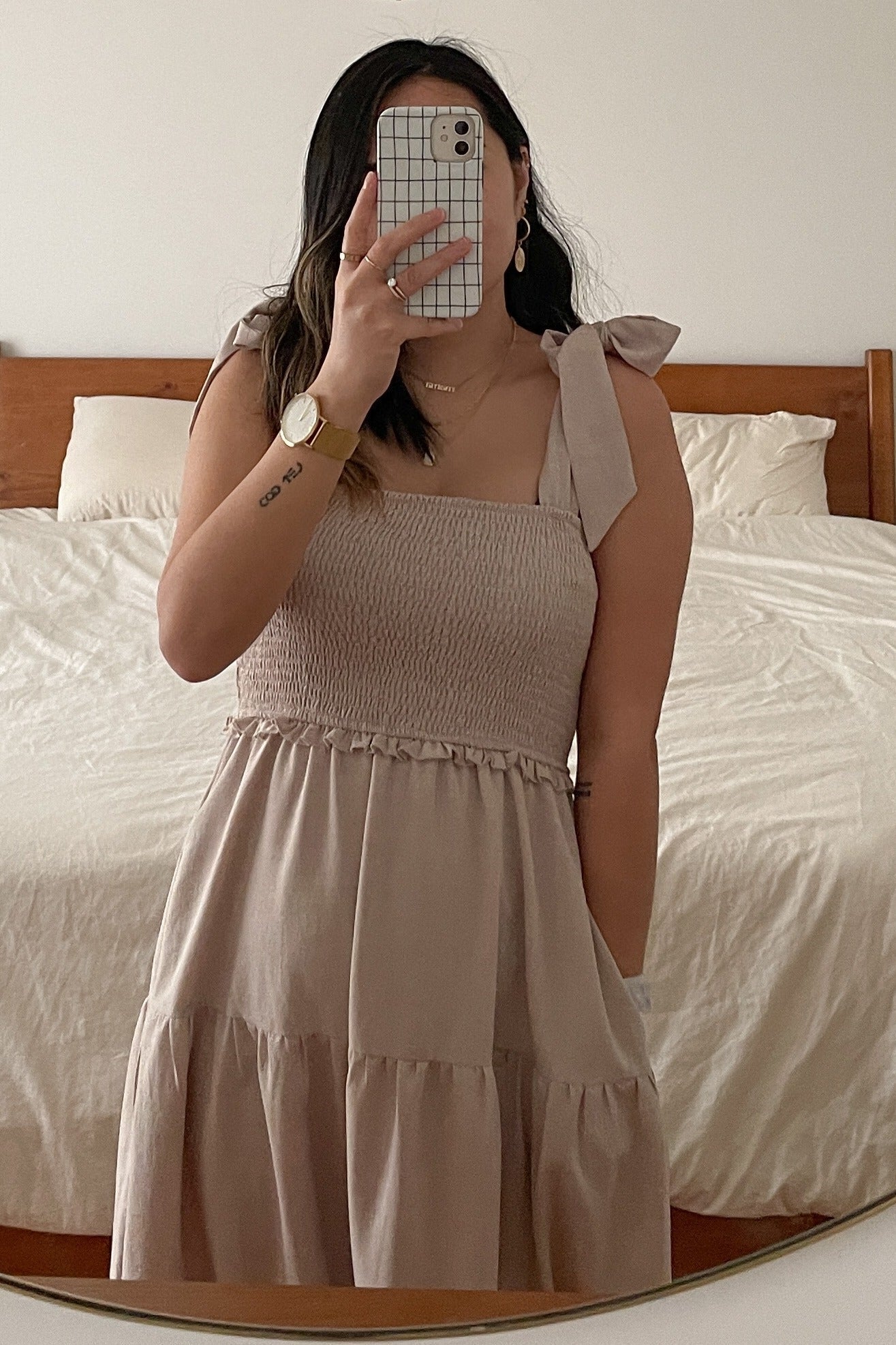 Beige Bow Strap Tiered Midi Dress PinkBlush