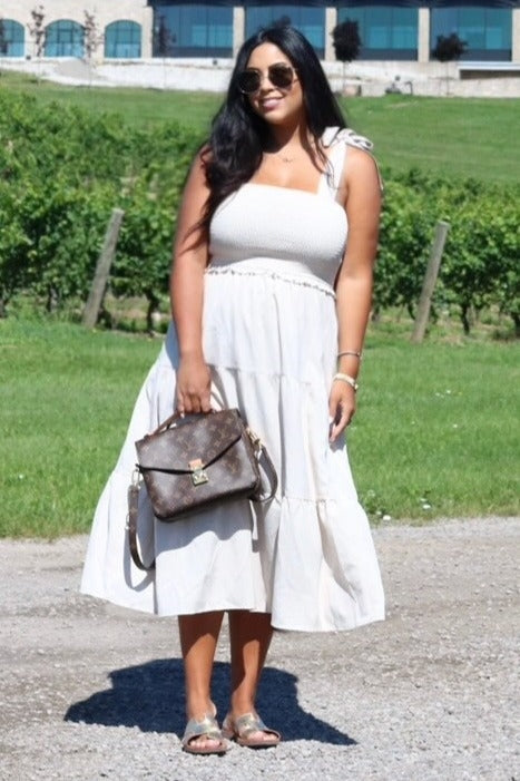 Beige Bow Strap Tiered Midi Dress PinkBlush