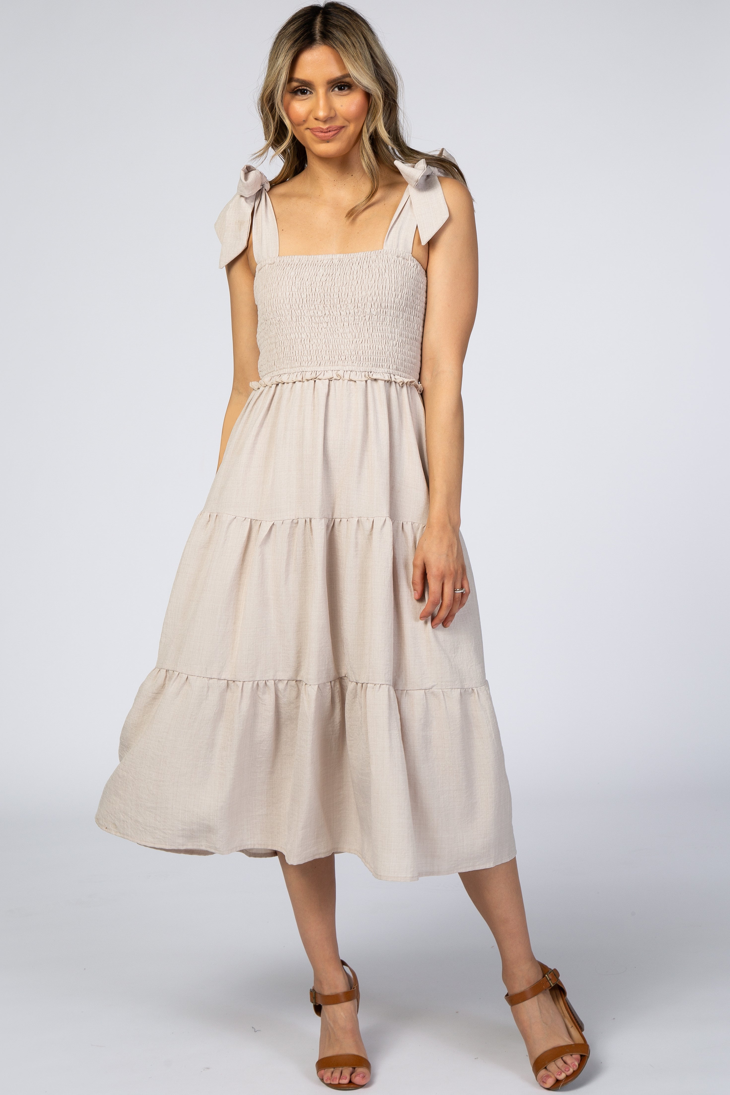 Beige Bow Strap Tiered Midi Dress PinkBlush