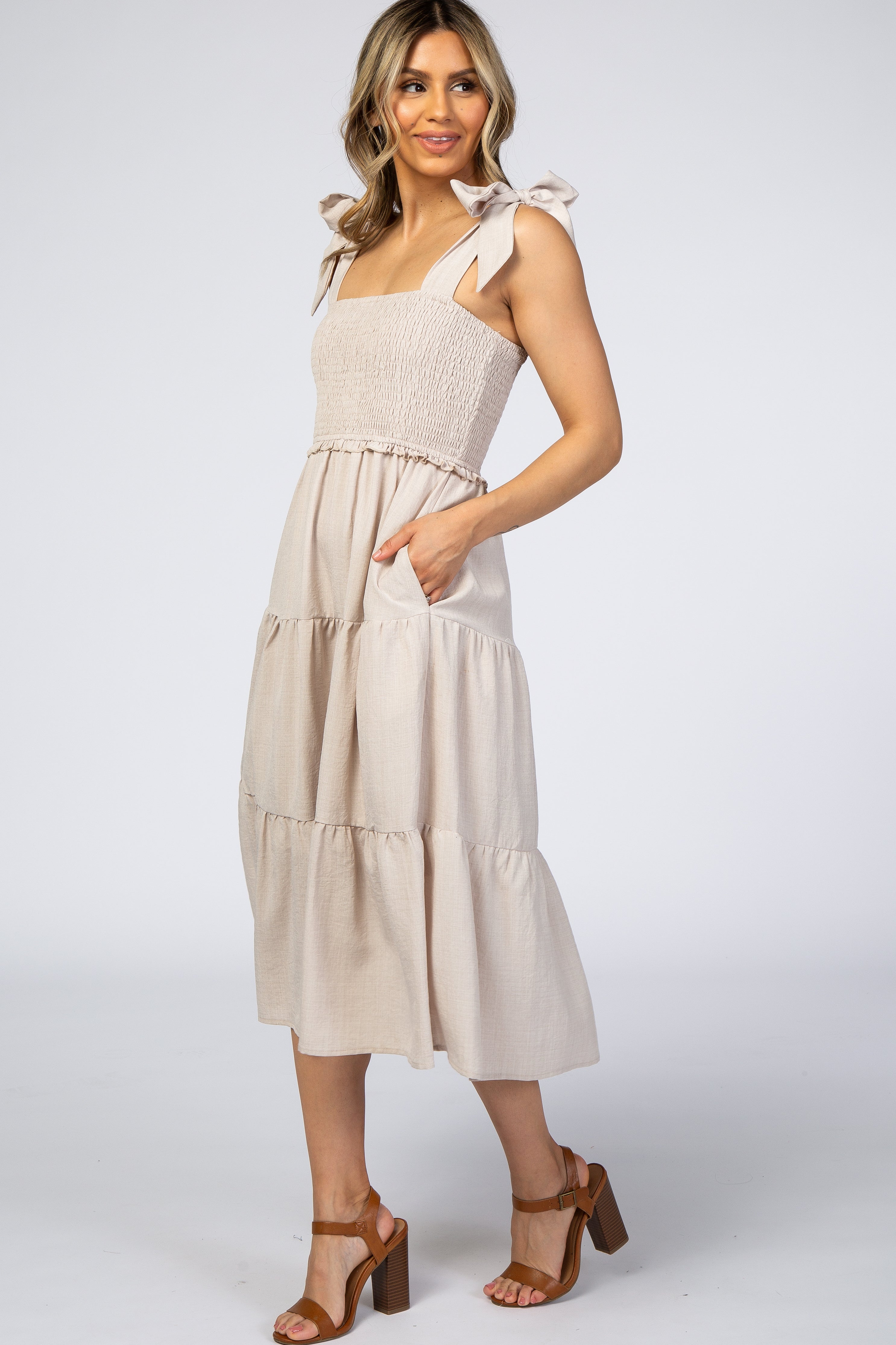 Beige Bow Strap Tiered Midi Dress PinkBlush