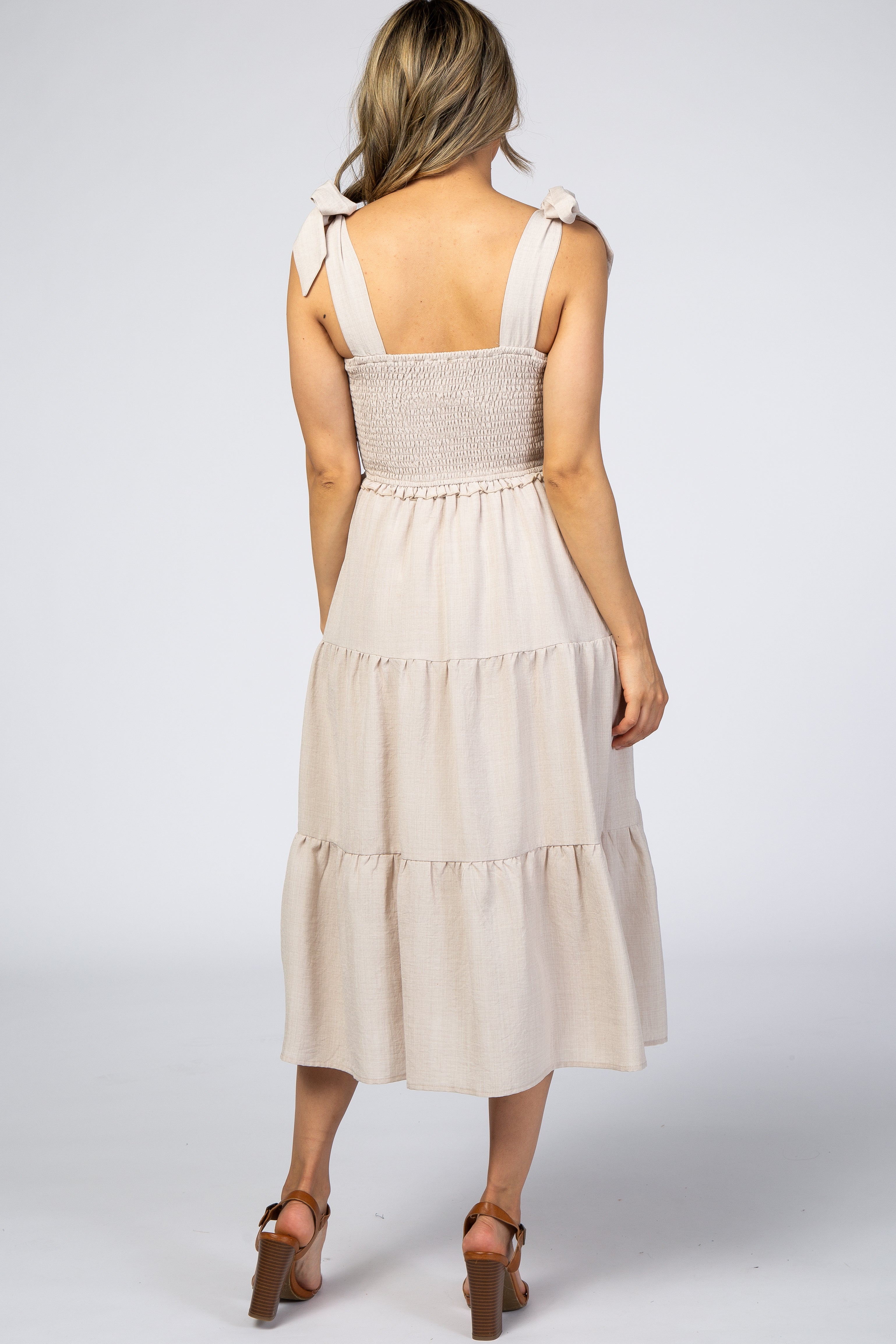 Beige Bow Strap Tiered Midi Dress PinkBlush