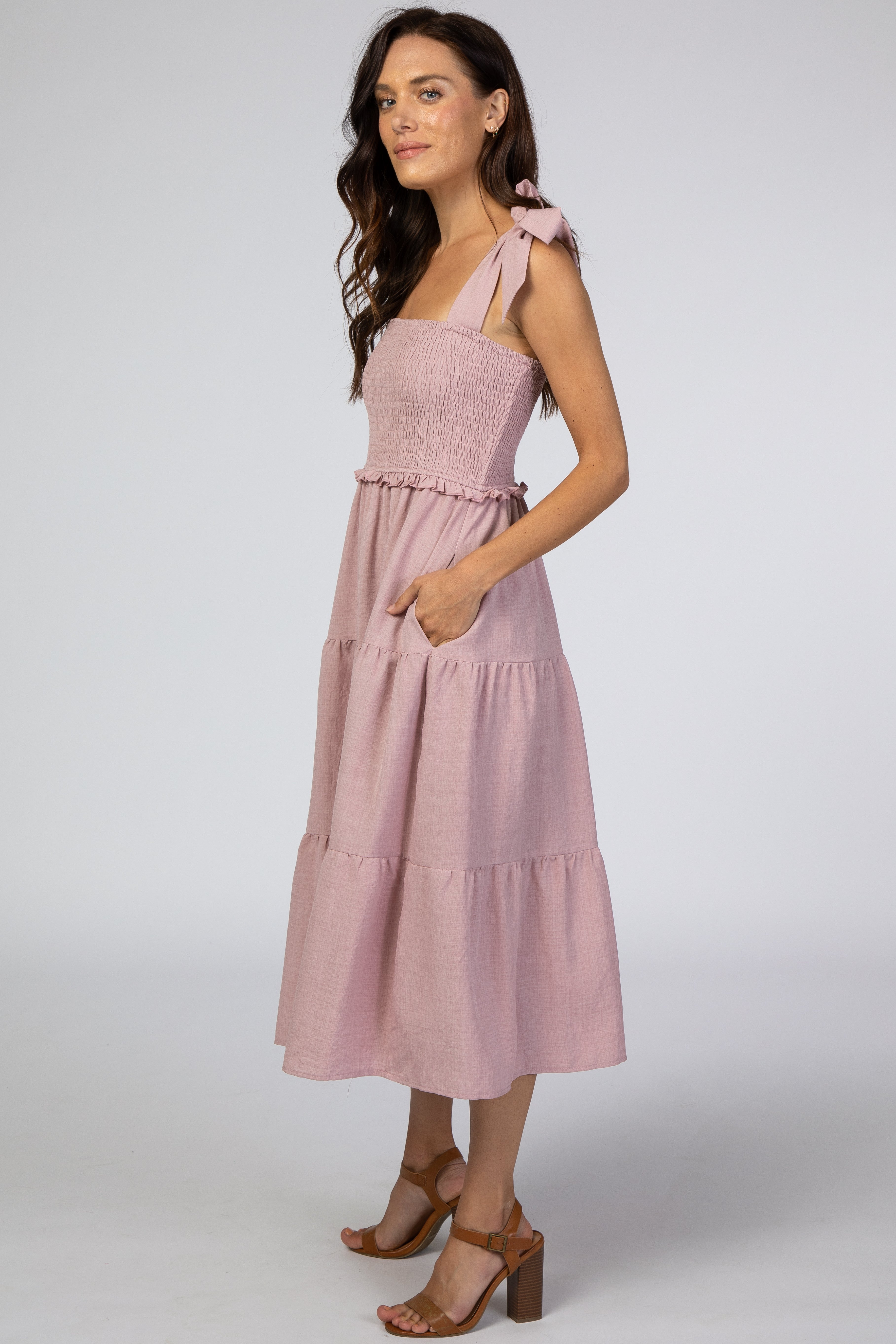 Mauve Bow Strap Tiered Midi Dress PinkBlush
