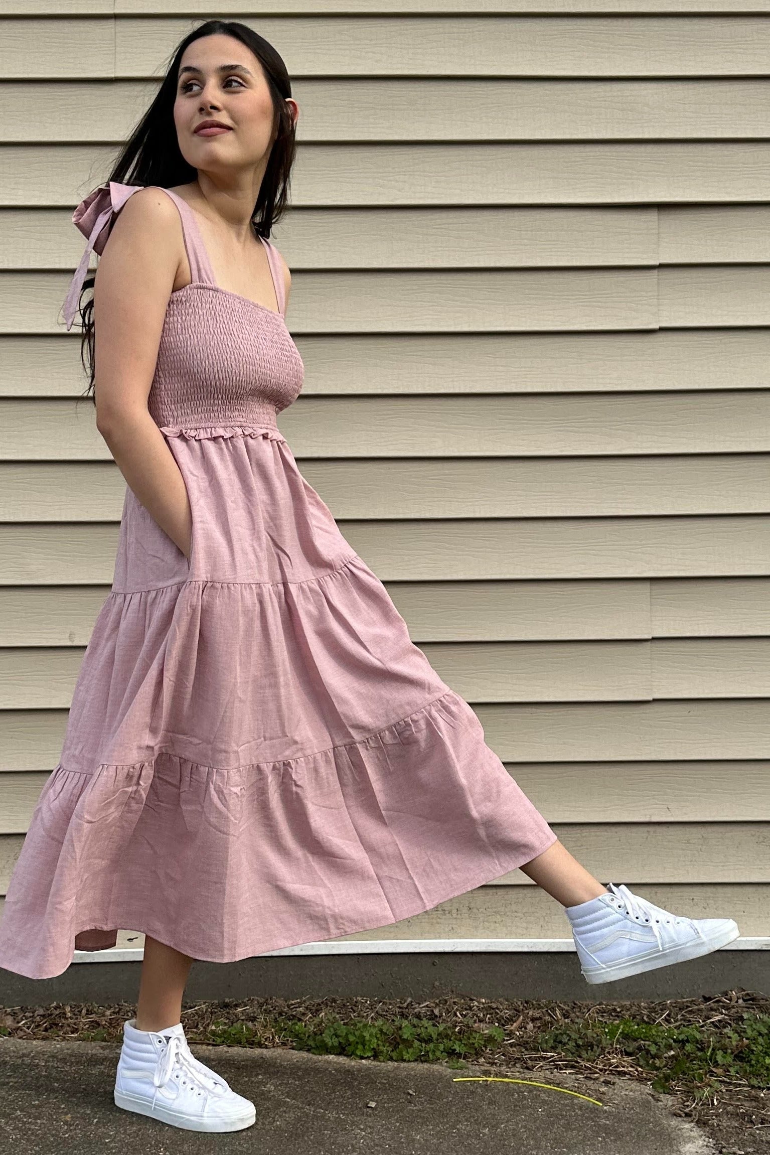 Mauve Bow Strap Tiered Midi Dress PinkBlush