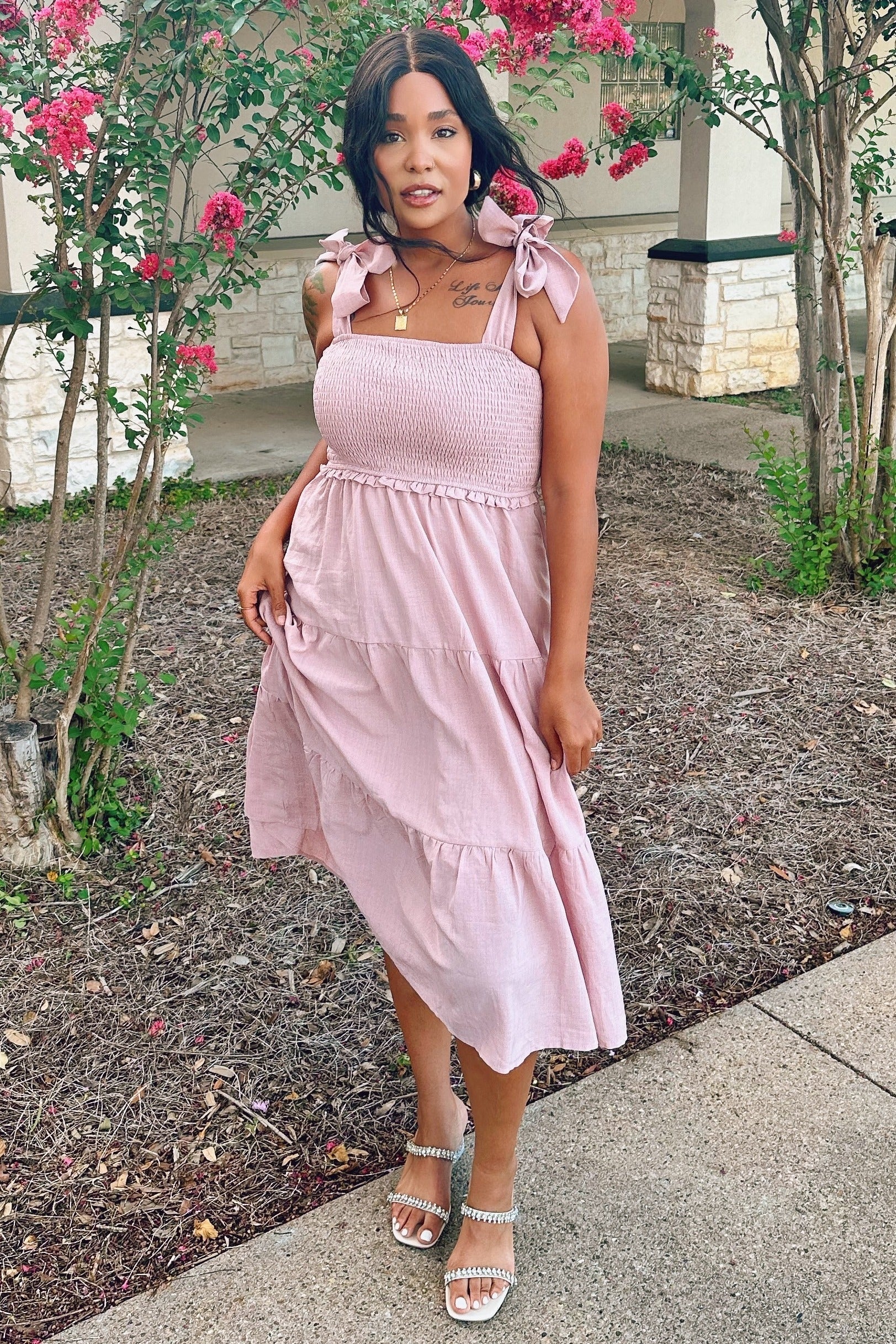 Mauve Bow Strap Tiered Midi Dress PinkBlush